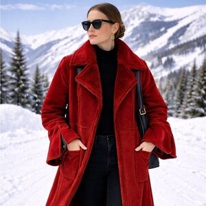 Vintage Red Faux Shearling Maxi Coat | Wide Collar & Flared Sleeves | Size S